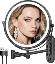 Rechargeable Wall Mounted Makeup Mirror with Lights,8 Inch Double-Sided LED Vanity Mirror 1X/10X Magnification,3 Color Lighting Dimmable Touch Screen 13 Inch Retractable (Black)