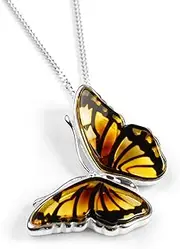 [HENRYKA] 925 Sterling Silver and Genuine Baltic Amber Monarch Butterfly Necklace, Insect Jewellery, Nature Lover Gift, Baltic Amber, Amber