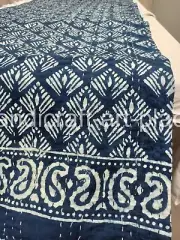 Blue Indigo Indian Hand Block Print Quilt With Kantha King Size Bedspread Boho