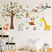 Buziba Wall Stickers Jungle Forest Animals Woodland Tree Monkey Elephant Giraffe Wall Decals Nursery Bedroom Living Room Wall Decoration