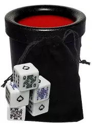 (5) 16mm White Poker Dice Spades Ace w/Pouch + Premium Dice Cup Bundle