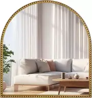 28X26 Inch Arched Bathroom Mirror, Antique Gold Wall Mirror Metal Beaded Frame,