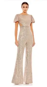 Mac Duggal Sequined Puff Shoulder Illusion Cutout Jumpsuit in Blush Size 10