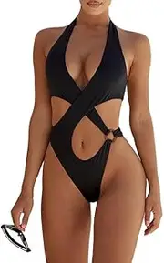 [BIKINI PALM] Sexy Tie Criss Cross Plunge One Piece Thong Swimsuit High Cut Micro Brazilian Swimwear One Piece Fashion Monokini