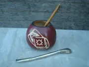 Mate Gourd Hand Carved -Mate Calabaza + Straw +Bonus Straw Bamboo Red