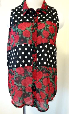 Minkpink Blouse Top Women's Small Sleeveless Polka Dot Roses Button Front Nice