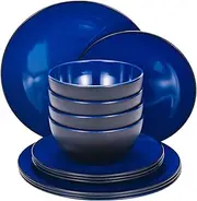TP 12-Piece Dinnerware Set, Melamine Dishes Set with Bowls and Plates, Non-breakable Lightweight Dinner Service for 4, Black and Blue