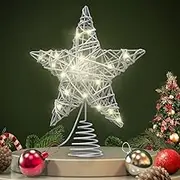 Christmas Tree Topper, 12 LED Lights Star Glitter Toppers Christmas Decorations Ornaments for Home Party Indoor Outdoor Lighted Festival Xmas Treetop Decoration
