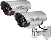 Fake Security Camera, Dummy CCTV Surveillance System with Realistic Red Flashing Lights and Warning Sticker (2, Silver)