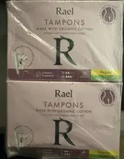 2 Boxes - Rael Organic Cotton Tampons 36 Super + 36 Regular (72 Total), No BPA