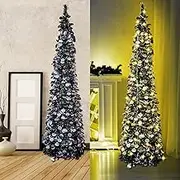 5ft Black Christmas Tree with 50 Lights, Pop Up Artificial Collapsible Pencil Tree,Lighted Tinsel Trees for Home Decor Bedroom Party Holiday Decorations WOKEISE