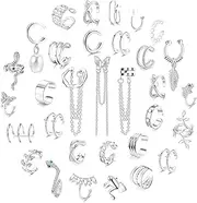 [Kakonia] 32Pcs Ear Cuff Earrings Set Clip On Wrap Earrings Non Piercing Cartilage Dangle Chain Earring Cuffs for Women Adjustable Snake Butterfly Ear Clip Fake Helix Wrap Ear Clip Earrings