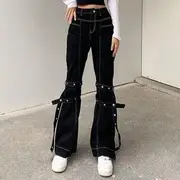 Contrast Stitch Boot Cut Jeans with Tonal Leg Straps Black - L