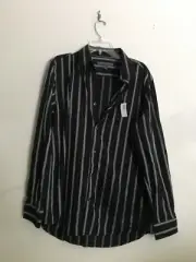 NWT Old Navy Size M Black Gray White Stripe Button down Men Shirt