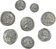 Roman Metal Coins. 8-Piece Set. Galvanic in Silver. Coins of The Roman Emperors for Board Games, etc. Reproduction, Replica, Copy of Ancient Roman Coins. - Average Size 1 inch.