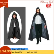 Adult Black Cape Cloak Robe Hooded Halloween Vampire Witch Wizard 140cm