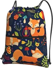 EdWal Cute Animal Fox Flower Print Drawstring Backpack Gym Bags Sports Bags With Zipper Pocket For Travel Beach, Black, One Size