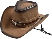 YFVFAGDMKV Leather Western Cowboy Hat Men Wide Brim Gentleman Church Jazz Cap Cowgirl Hats Wide Brimmed Denim Hat(1)