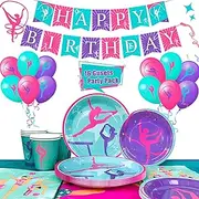 Gymnastics Birthday Party Supplies, 16 Guests Gymnastics Party Decorations Tableware Kit Gymnastics Plates and Napkins Cups Tablecloth Balloons Banner etc Gymnastics Decorations for Birthday Party