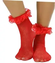 Women's Fishnet Ankle Socks With Ruffle Trim One Size Red