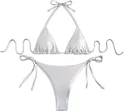 [Falainetee] Women's Metallic Shiny Bathing Suit High Waisted Triangle Tie Side Swimsuit Bikini Set