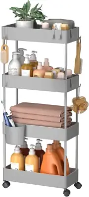 Slim Storage Cart with Wheels, 4 Tier Bathroom Storage Organizer Rolling Utility