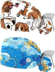 [YTYVAGT] 2-Pc,Nurse Scrub Caps,Scrub Hats with Buttons and Cotton Sweatband,Cartoon Dog and Bone