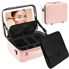 Travel Makeup Train Cases,Makeup Bag with 3 Color Lighted Mirror Cosmetic Cas...