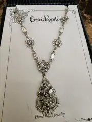 NIB Vtg Erica Koesler 18" Necklace Rhinestone Bars, Flowers, Pendant J-9172