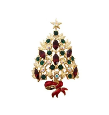 Christmas Tree Brooch Gold Plated Metal Alloy Set With Enamel And Czech Crystals