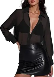 [AEJENNIO] Women's Sheer Long Sleeve Button Down Shirts Sexy See Through Mesh Loose Fit Tops Casual Trendy Collared Blouses