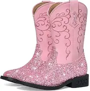 [Rollda] Girls Cowboy Boots Glitter Western Boots Sequin Cowgirl Boots for Girls, Pink, 5 Big Kid