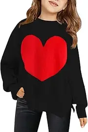 [Haloumoning] Girls Oversized Sweaters Kids Fashion Heart Pattern Batwing Sleeve Ribbed Knit Side Slit Pullover Tops