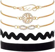 [YiyiLai] Women 5pcs Velvet Pendant Crystal Tree Bracelet Anklet Set Jewelry Gold