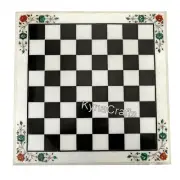 Square White Marble Coffee Table Top Floral Pattern Inlay Work Chess Game Table