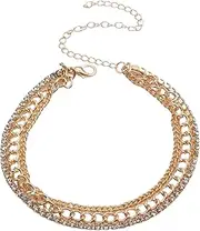 [Generic] Boho Layered CZ Crystal Anklet Bracelets Gold Curb Chain Anklet Foot Chain Bling Rhinestone Anklets Chain Layering Gold Anklet Bracelets Summer Beach Anklet Jewelry for Women