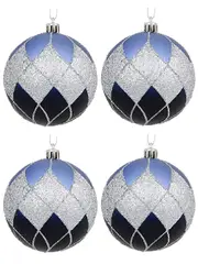 Gradated Light & Dark Matte Blue With Silver Glitter Pattern Baubles - 6 x 80mm