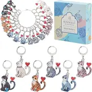 SUNNYCLUE 1 Box 24Pcs Cute Crochet Markers Cat Stitch Marker Bulk Enamel Metal Love Cats Knit Silver Rings Clasps Knitting Charms for Jewellery Making Charms Handmade Supplies Crafts Accessories Women