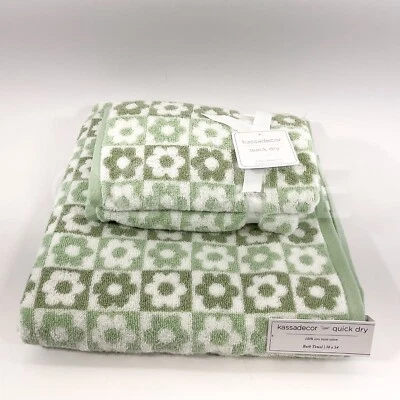 Kassadeco 3Pc Set One Bath + 2 Hand Towels 100% Cotton White & Green New