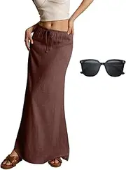 [Generic] Linen Maxi Skirts for Women Trendy Summer Comfy Drawstring Waist A Line Skirts A Line Skirt Beach Cover Up Skirt