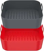 2Pcs Air Fryer Silicone Pot, Square Silicone Air Fryer Basket with Handle, Heat Resistant Silicone Air Fryer Liners, Silicone Bowl for Air Fryer Oven Accessories, Replacement of Parchment Paper Liners (Black + Red)