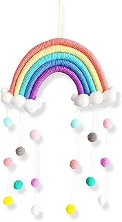 Rainbow Decor, Nursery Decor, Macrame Tapestry Wall Hanging with Felt Ball, Handmade Braided Cords Pom-Pom,Mobile, Children’s Room Bedroom Nursery Decor(Pink)