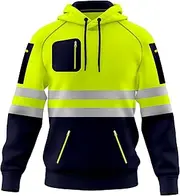[TORO ACTIVA] Mens Hi Vis Work Wear Pullover Hoodie Safety Sweatshirt Reflective Tape High Viz Hoodie High Visibility Sweatshirt Top Multi Zipper Pockets S-2XL