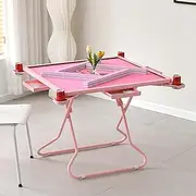 35" Pink Mahjong Table, Card Tables Folding Square, Domino Table, Mahjong Table Foldable with 4 Cup Holders & 4 Drawers, Green Flocking Cloth, for Poker Cards, Mahjong, Board Games