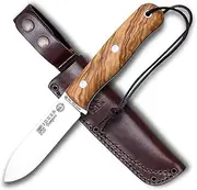 Hiking Knife Joker "Trampero" CO113, Olive Wood Handle, 10 cm blade of SANDVIK 14C28N, brown leather Sheath, Tool for fishing, camping and hiking