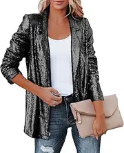 [Sematomala] Women's Sequin Shiny Open Front Blazer Evening Party Sparkly Long Sleeve Slim Cardigan Coat