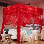 4 Corner Bed Curtains Girls Bed Canopy Luxurious Cozy Drapes Net Mosquito Net with 3 Openings Cute Princess Bedroom Decoration (Color : Red,Size : 71 * 87