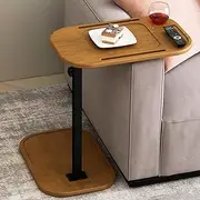 ZUJJAFY Wood C Shaped End Table for Couch Arm, Small Sofa Side Table with Adjustable Height for Small Spaces, Swivel TV Tray Table with Phone & Tablet Slots
