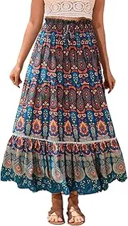 [YANOOLH] Women's Bohemian Floral Print Summer Flowy Printed Elastic Waist Pleated Maxi Skirts