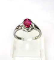 Magenta Natural Ruby & 2 Genuine Diamonds 14K White Solid Gold Ring Size 6.25